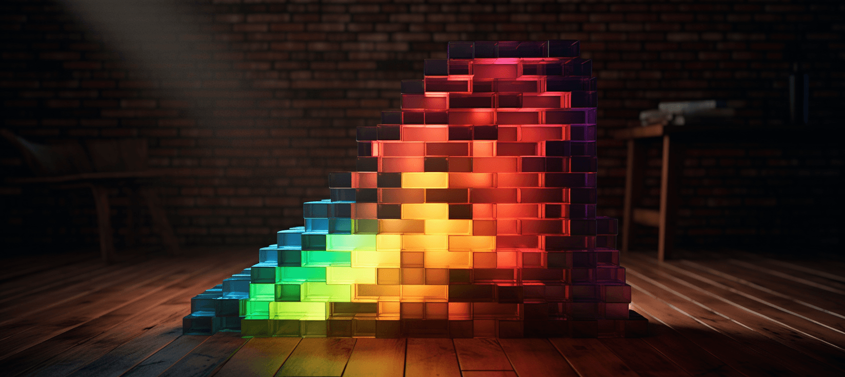 AI art of rainbow colored transparent blocks stacked randomly in a dimly lit room.