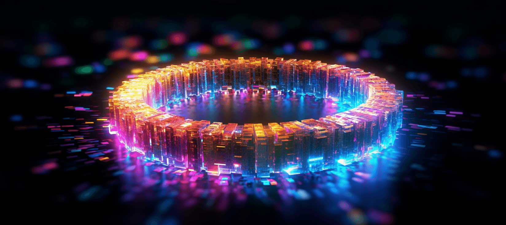 MidJourney AI abstract rendering of a circle-shaped thing with colorful lights in it and high tech it's looking. Looks liek the Apple HQ lit up at night if it was made of giant, rainbow-colored confetti.