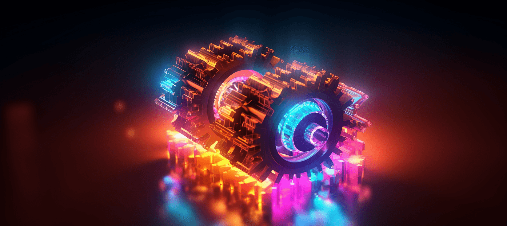 AI art of colorfully-lighted, futuristic-looking gears.