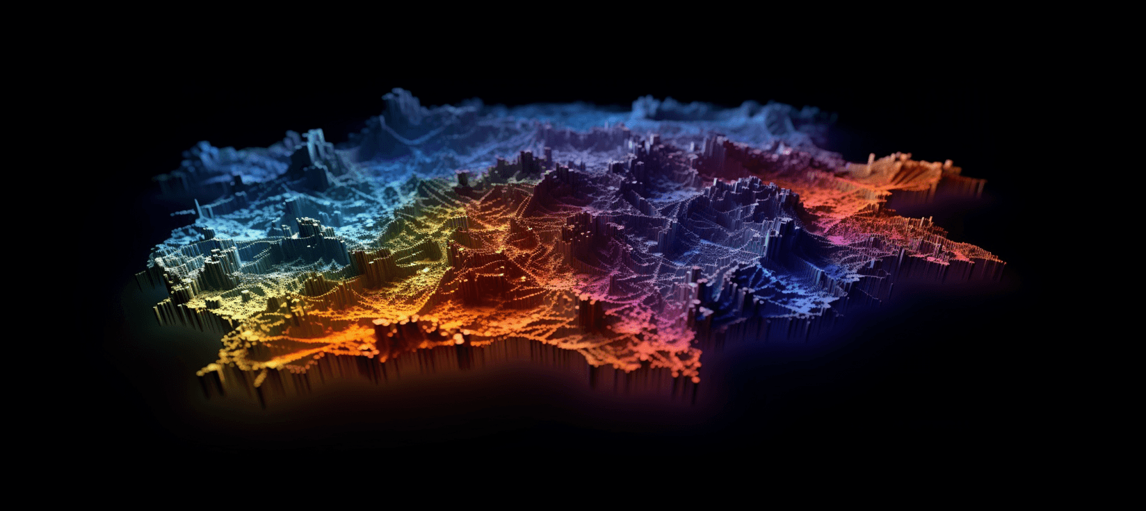 MidJourney AI rendering of a colorful topological map that looks very techy.