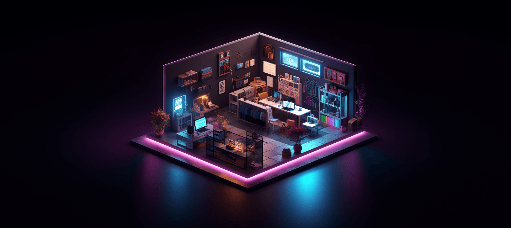 AI art of an isometric shop with neon lighting.