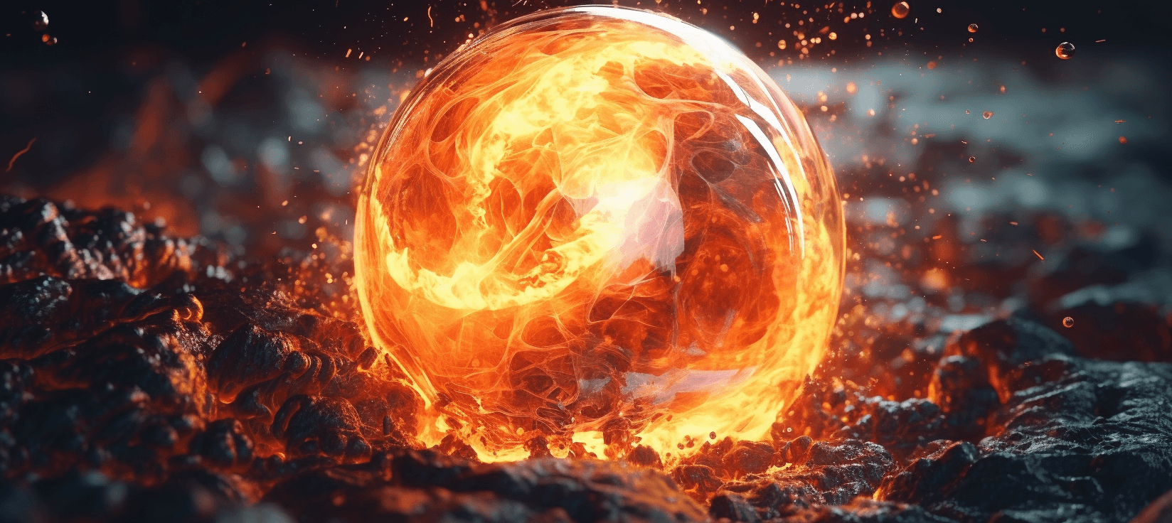 AI art of firey lava contained in a glass ball that is sitting on glowing coals.