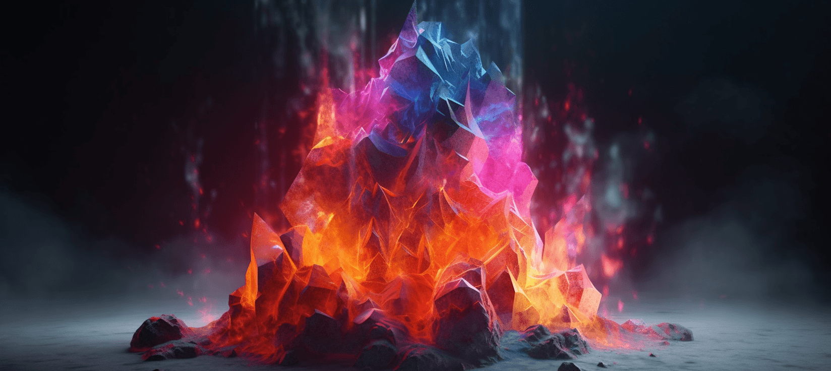 MidJourney AI rendering with a firey rainbow colored crystal emerging from the ground.