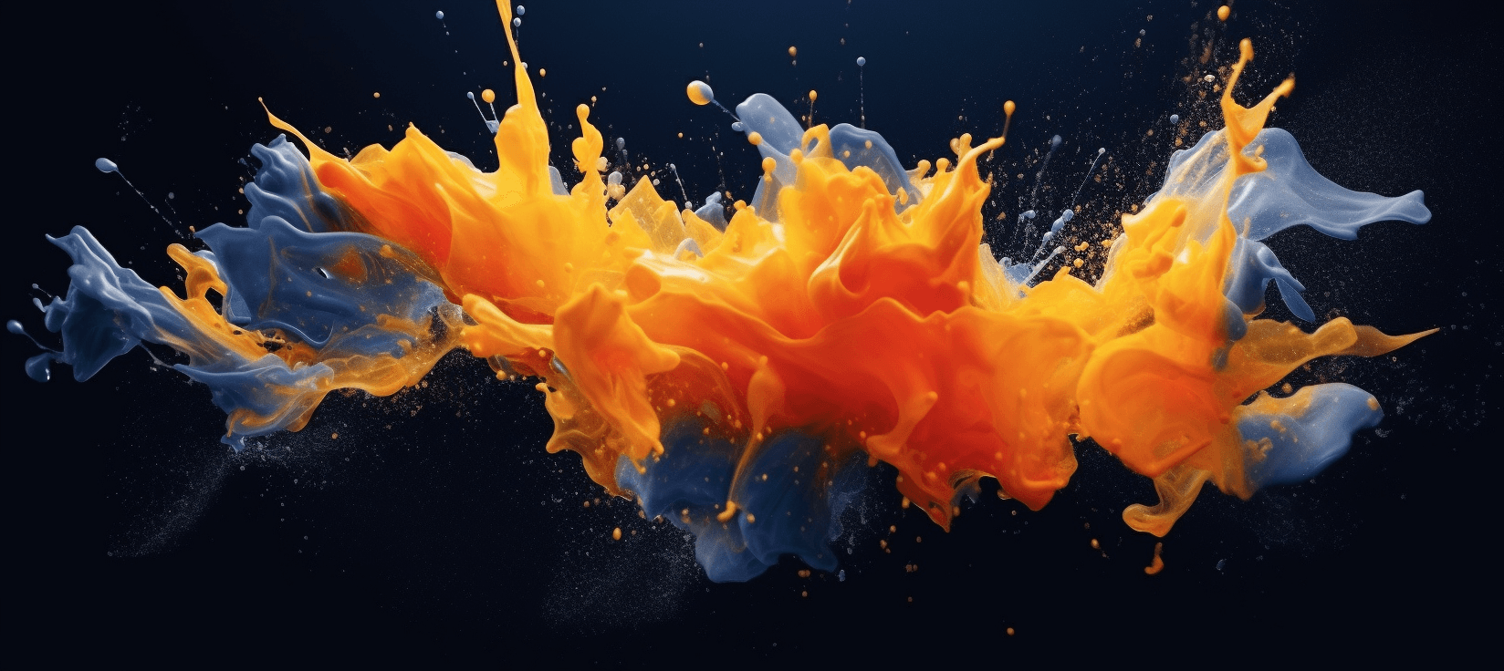 MidJourney AI rendering of a splash of orange and navy paint in an aesthetically pleasing way.