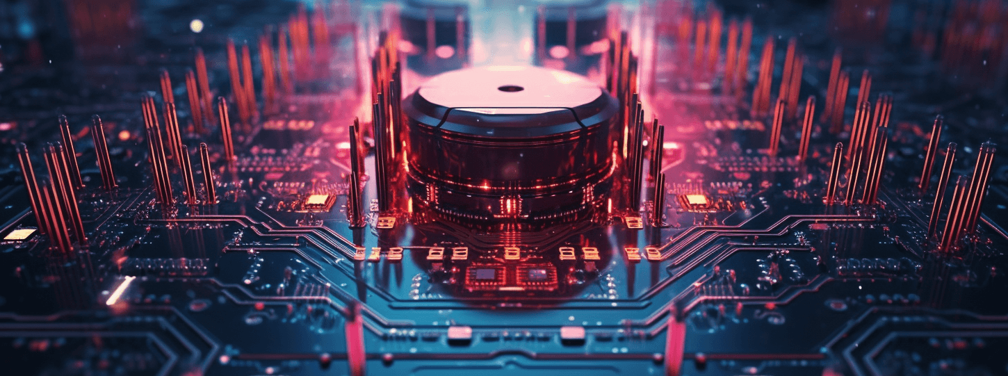 MidJourney AI rendering of a computer chip in blue and red with futuristic elements.